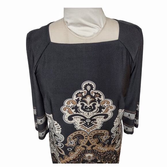 AB STUDIO Black Print Shift Dress Size 10 Stretch Knit Dress 3/4 Length Sleeves - Picture 6 of 10